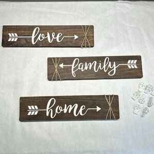 Faux Wood Home Decor Signs Family Love Home Arrows Hanging Tabs 13" x 3"